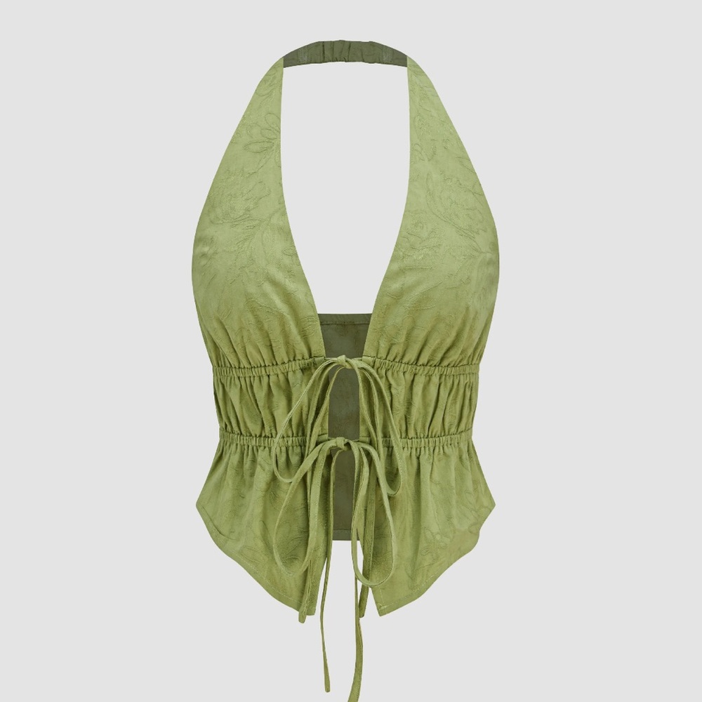 halter v neck knotted ruched crop top